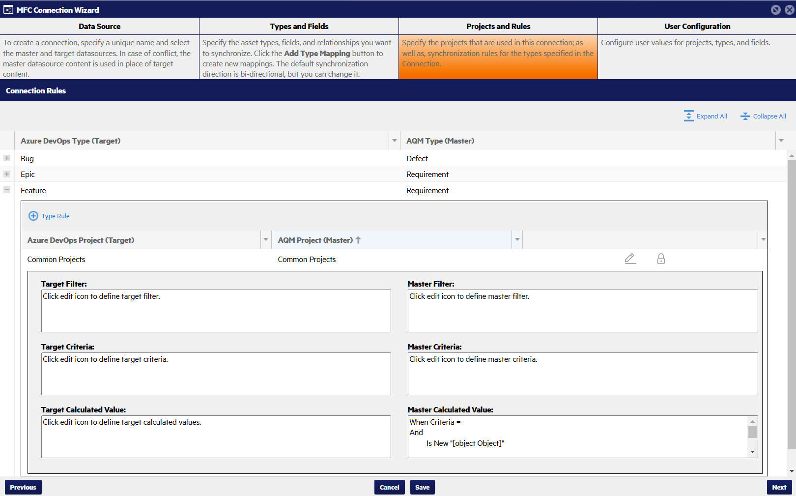 Projects and Rules tab 