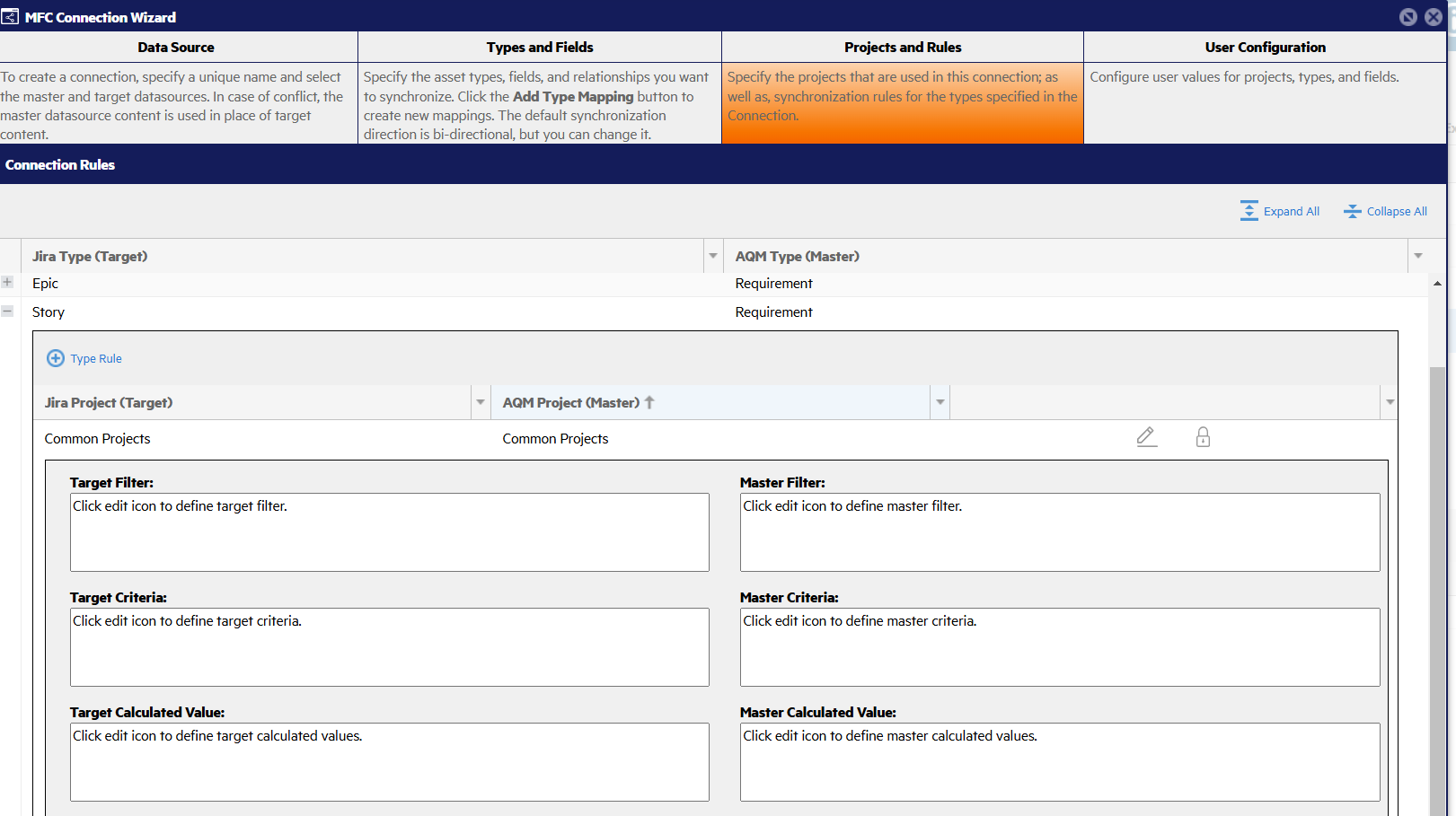 Projects and Rules tab ALM Jira