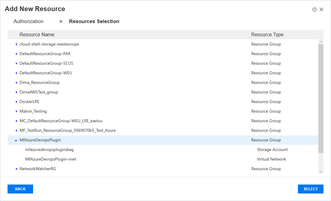 Add new Azure resource window