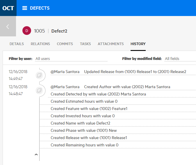 Viewing a defect's history in the UI.