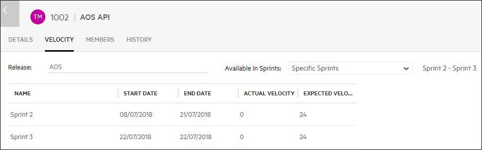 Editing team velocity in the Backlog module.
