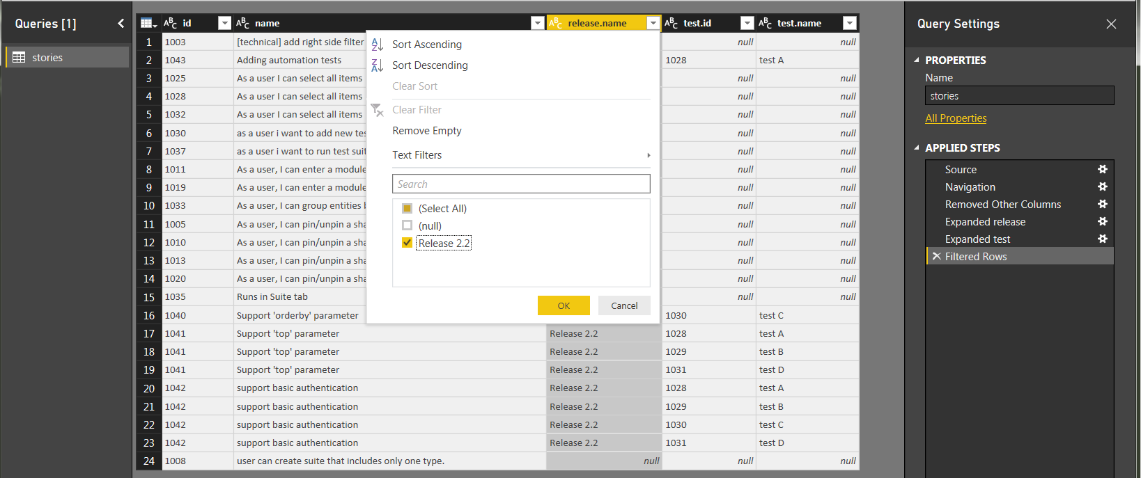 Selkect the release to filter in the report.