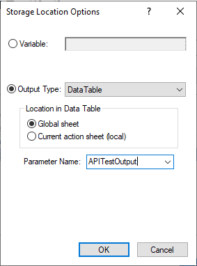 Shows how you store the API test output parameter as a GUI test data table parameter.