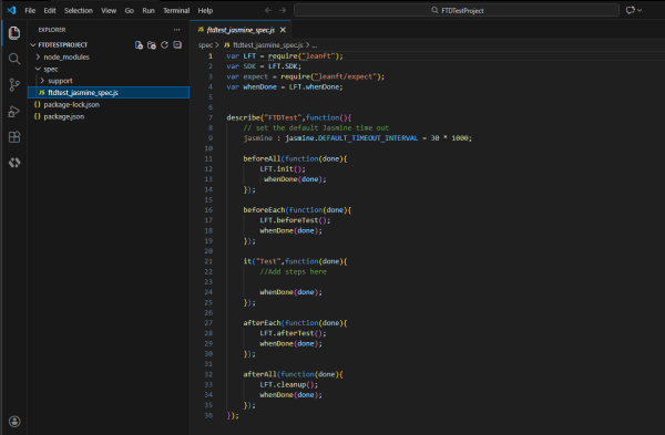 Jasmine project structure showing package.json, spec folder with test files, and helper files