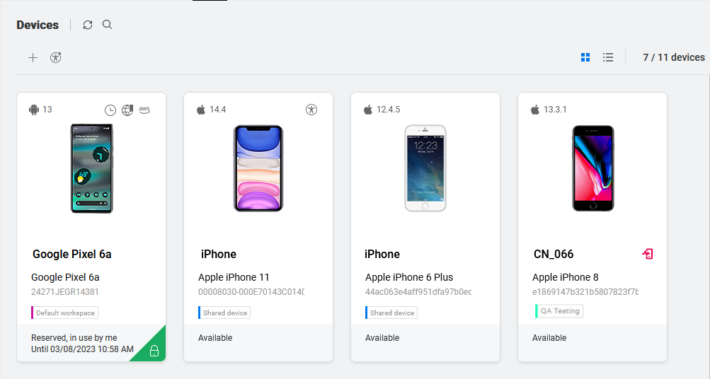 Card view of devices in the lab that match the filter selection.