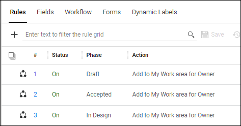 Define workflow rules in the Rules settings area.