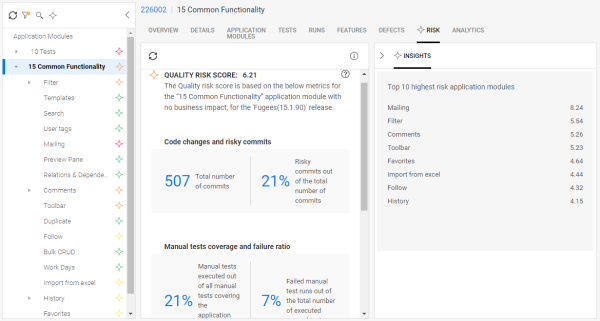 The quality risk insights page.