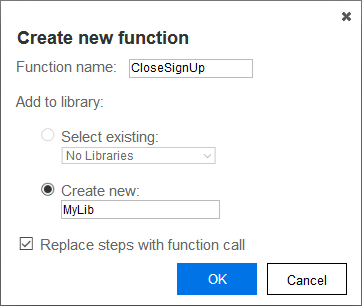 Create new function dialog box