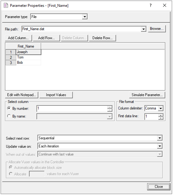 Parameter Properties Sequential mode example
